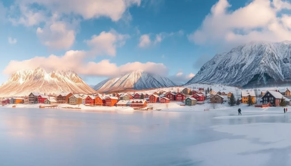 A panoramic view of the snow-covered town of Orsta, Norway, nestled between towering mountains. In the foreground, a frozen lake reflects the warm light of the sun, its surface dotted with ice skaters gliding effortlessly. The middle ground features quaint, colorful houses with picturesque gabled roofs, their facades dusted with a light layer of pristine snow. In the background, majestic peaks reach up to the azure sky, their jagged edges contrasted by the fluffy white clouds drifting overhead. The scene is bathed in a soft, golden glow, creating a serene and enchanting atmosphere that captures the beauty of Orsta in the wintertime.