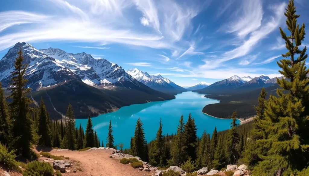 A panoramic view of the stunning Peyto Lake, nestled in the heart of the Canadian Rockies in Alberta. The crystal-clear turquoise waters are framed by the majestic snow-capped peaks of the surrounding mountains, creating a breathtaking natural landscape. Warm sunlight filters through wispy clouds, casting a gentle glow over the scene. In the foreground, a well-maintained hiking trail leads visitors towards the lakefront, inviting them to explore this picturesque viewpoint. The middle ground features lush, verdant pine forests that contrast with the rugged, rocky terrain. In the distance, a panoramic vista showcases the grandeur of the Rocky Mountains, forming a serene and awe-inspiring backdrop.