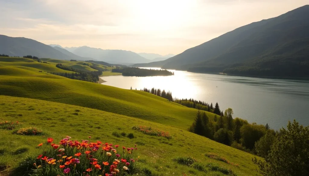 A panoramic view of the stunning Vestfold og Telemark County landscape in Norway. Rolling green hills dotted with clusters of vibrant wildflowers stretch out to the horizon, framed by majestic mountains in the distance. A pristine, glimmering lake reflects the soft, warm light of the sun, its tranquil surface broken only by the gentle ripples of a light breeze. Lush, verdant forests line the shore, casting soft shadows across the serene scene. The overall atmosphere is one of natural beauty, serenity, and wonder, inviting the viewer to immerse themselves in the captivating essence of this remarkable region.