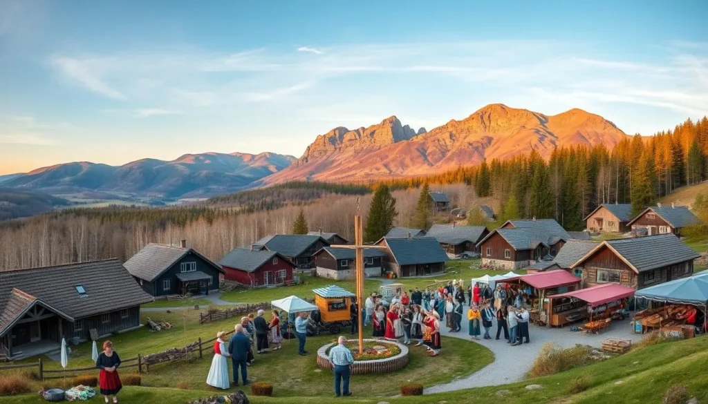 A panoramic view of traditional Swedish farmhouses and cottages nestled among the rolling hills and birch forests of the Vinnufjellet mountains. In the foreground, locals in folk costumes engage in cultural activities like weaving, woodcarving, and dancing around a maypole. The middle ground features a bustling outdoor market with artisanal wares, regional cuisine, and live music. In the distance, the rugged Vinnufjellet peaks rise majestically under a warm, golden-hour sky. The scene conveys a sense of timeless heritage, community, and natural beauty. Shoot this with a wide-angle lens to capture the full scope of the cultural setting.
