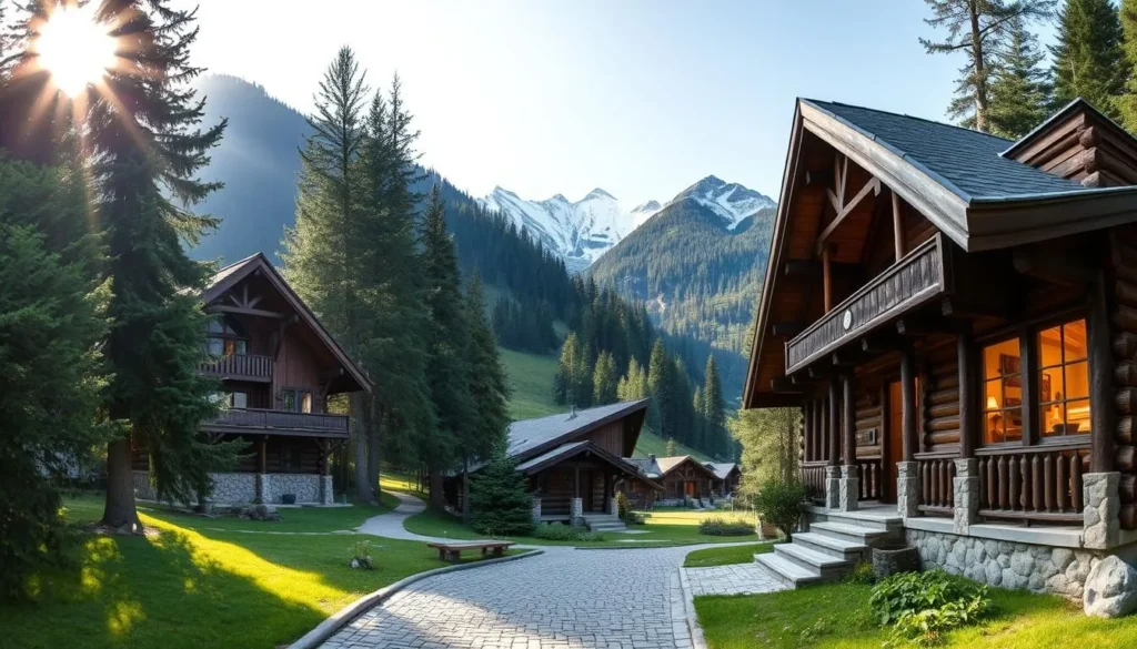 A panoramic view of traditional mountain lodges nestled among towering peaks, their rustic wooden facades and sloping roofs blending seamlessly into the lush, verdant landscape. Sunlight filters through the surrounding pine trees, casting a warm, inviting glow upon the scene. In the foreground, a cobblestone path leads towards the entrance of one of the lodges, inviting visitors to step inside and experience the cozy, charming atmosphere. The middle ground features a few smaller cabins, their windows glowing softly, hinting at the comforts within. In the distance, snow-capped mountains rise majestically, creating a breathtaking backdrop for this idyllic mountain retreat.