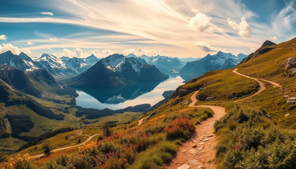 A panoramic view of winding hiking trails snaking through the rugged, mountainous landscape of Lofotodden National Park, Norway. The foreground features a well-marked path, lined with vibrant wildflowers and lush greenery, leading deep into the scene. The middle ground showcases towering, snow-capped peaks reflecting in a serene, crystal-clear lake. Warm, golden sunlight filters through wispy clouds, casting a soft, picturesque glow over the entire vista. The overall atmosphere evokes a sense of tranquility, adventure, and the majestic beauty of the Norwegian wilderness.
