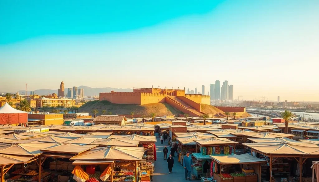 A panoramic vista of Al Rayyan, Qatar, bathed in warm, golden sunlight. In the foreground, a bustling local market overflows with vibrant stalls selling aromatic spices, fresh produce, and handcrafted wares. The middle ground reveals the iconic Al Rayyan Fort, its ochre walls and intricate architecture standing tall against a cloudless azure sky. In the distance, the towering skyscrapers of the modern city skyline rise, creating a harmonious blend of old and new. The scene exudes an air of tranquility and authenticity, inviting the viewer to explore the rich culture and traditions of this captivating Qatari destination.