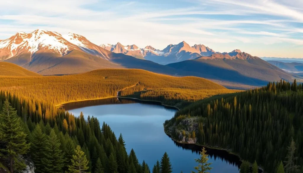A panoramic vista of Pieljekaise National Park in Sweden, showcasing its breathtaking natural beauty. In the foreground, a tranquil mountain lake reflects the surrounding peaks, their snow-capped summits glistening under the warm, golden light of a summer sun. The middle ground features lush, evergreen forests, their dense canopy interrupted by rugged rock formations and cascading waterfalls. In the distance, a range of majestic, jagged mountains rises up, creating a dramatic backdrop for this stunning landscape. The scene exudes a sense of serene solitude, inviting the viewer to immerse themselves in the park's unspoiled wilderness.