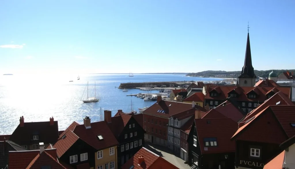 A panoramic vista of Rauma's picturesque old town, bathed in warm, golden sunlight. The historic wooden buildings, with their charming red-tiled roofs, line the quaint cobblestone streets below. In the distance, the shimmering waters of the Baltic Sea stretch out to the horizon, dotted with sailing boats and framed by a cloudless azure sky. The scene exudes a sense of timeless tranquility, inviting the viewer to immerse themselves in the unique character and beauty of this well-preserved Finnish coastal town.