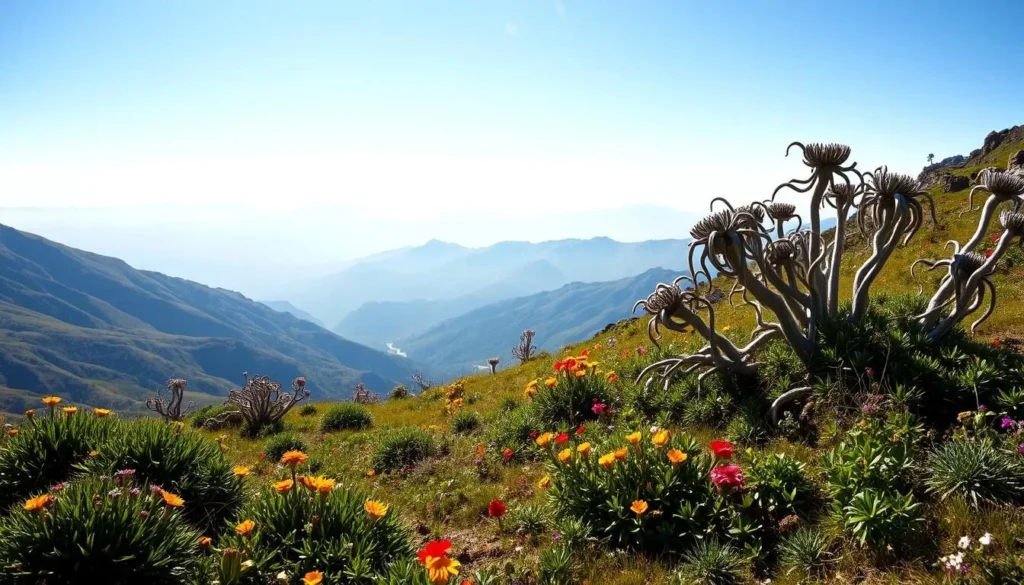 A panoramic vista of the Andean páramo ecosystem, a unique high-altitude grassland. In the foreground, lush cushion plants and vibrant wildflowers sway gently in the mountain breeze. The middle ground features twisted, gnarled frailejón plants, their silver-gray foliage shimmering in the warm sunlight. Beyond, the misty blue peaks of the Andes rise majestically, their rugged slopes cloaked in a tapestry of greens and grays. The scene is suffused with a sense of serene tranquility, inviting the viewer to immerse themselves in the ethereal beauty of this unique and precious ecosystem.