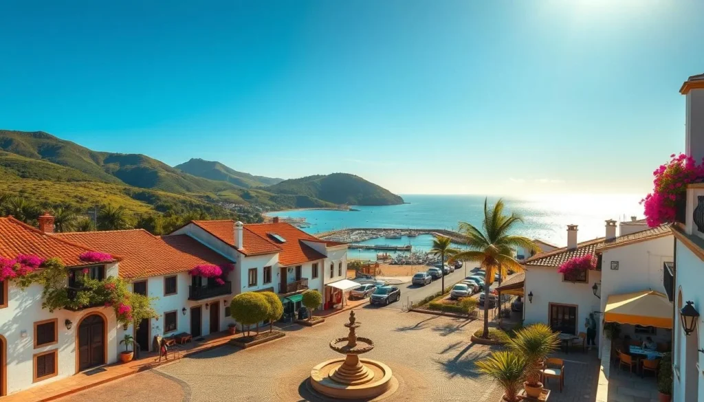 A peaceful coastal town nestled between lush green hills and the glistening azure waters of the Atlantic Ocean. Charming low-rise buildings with terra-cotta roofs and whitewashed walls line the cobblestone streets. Vibrant bougainvillea cascades over quaint balconies, adding pops of color. In the foreground, a tranquil plaza features a central fountain and outdoor cafes where locals and visitors mingle. The warm, golden sunlight bathes the scene, creating a serene and inviting atmosphere. A small harbor with colorful fishing boats sits just beyond, hinting at the town's connection to the sea. This picturesque accommodation reflects the natural beauty and laid-back charm of Boa Nova, Brazil.