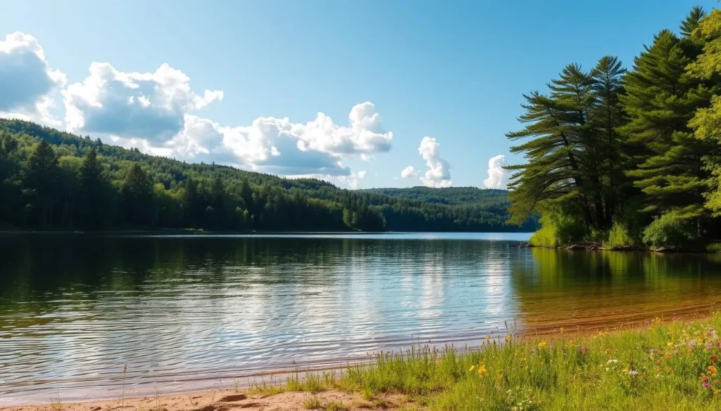 A peaceful lakeside scene of the Lake Johanna Chain Lakes in Minnesota, on a calm, sunny day. The clear, glimmering waters reflect the lush, verdant shoreline and the fluffy, white clouds drifting overhead. In the foreground, a gently sloping beach leads to the tranquil lake, dotted with colorful wildflowers. The middle ground features a dense, verdant forest with towering pine and oak trees, their branches swaying softly in the gentle breeze. The background showcases the rolling, hilly terrain surrounding the lake, creating a picturesque and serene natural landscape. The warm, golden sunlight casts a soft, inviting glow over the entire scene, evoking a sense of peace and natural beauty. A peaceful lakeside scene of the Lake Johanna Chain Lakes in Minnesota, on a calm, sunny day. The clear, glimmering waters reflect the lush, verdant shoreline and the fluffy, white clouds drifting overhead. In the foreground, a gently sloping beach leads to the tranquil lake, dotted with colorful wildflowers. The middle ground features a dense, verdant forest with towering pine and oak trees, their branches swaying softly in the gentle breeze. The background showcases the rolling, hilly terrain surrounding the lake, creating a picturesque and serene natural landscape. The warm, golden sunlight casts a soft, inviting glow over the entire scene, evoking a sense of peace and natural beauty.