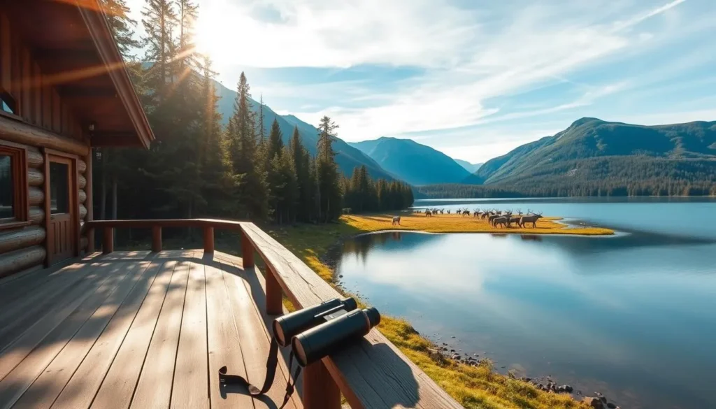 A peaceful scene of a wildlife viewing area in the heart of Borgefjell, Norway. A well-maintained wooden observation deck overlooking a tranquil lake, surrounded by towering mountains and lush boreal forests. Sunlight filters through the trees, casting a warm glow over the serene landscape. In the distance, a herd of reindeer graze peacefully, their antlers silhouetted against the azure sky. Binoculars and a camera are ready on the deck, inviting visitors to immerse themselves in the captivating natural wonder of this Nordic haven.