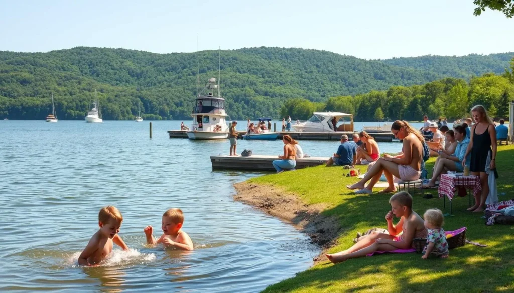 A peaceful summer day in Alexandria Bay, New York. Families gather at the waterfront, enjoying the tranquil lake views. In the foreground, children play in the shallow waters, their laughter echoing across the scene. Picnic blankets dot the grassy shore, adults relaxing and sharing a meal together. The middle ground features a picturesque dock, where teenagers fish and boats gently sway. In the background, the lush green hills and trees create a serene backdrop, the warm sunlight casting a golden glow across the entire landscape. A scene of family bonding and outdoor recreation, capturing the essence of the best things to do for families in this idyllic New York destination. A peaceful summer day in Alexandria Bay, New York. Families gather at the waterfront, enjoying the tranquil lake views. In the foreground, children play in the shallow waters, their laughter echoing across the scene. Picnic blankets dot the grassy shore, adults relaxing and sharing a meal together. The middle ground features a picturesque dock, where teenagers fish and boats gently sway. In the background, the lush green hills and trees create a serene backdrop, the warm sunlight casting a golden glow across the entire landscape. A scene of family bonding and outdoor recreation, capturing the essence of the best things to do for families in this idyllic New York destination.