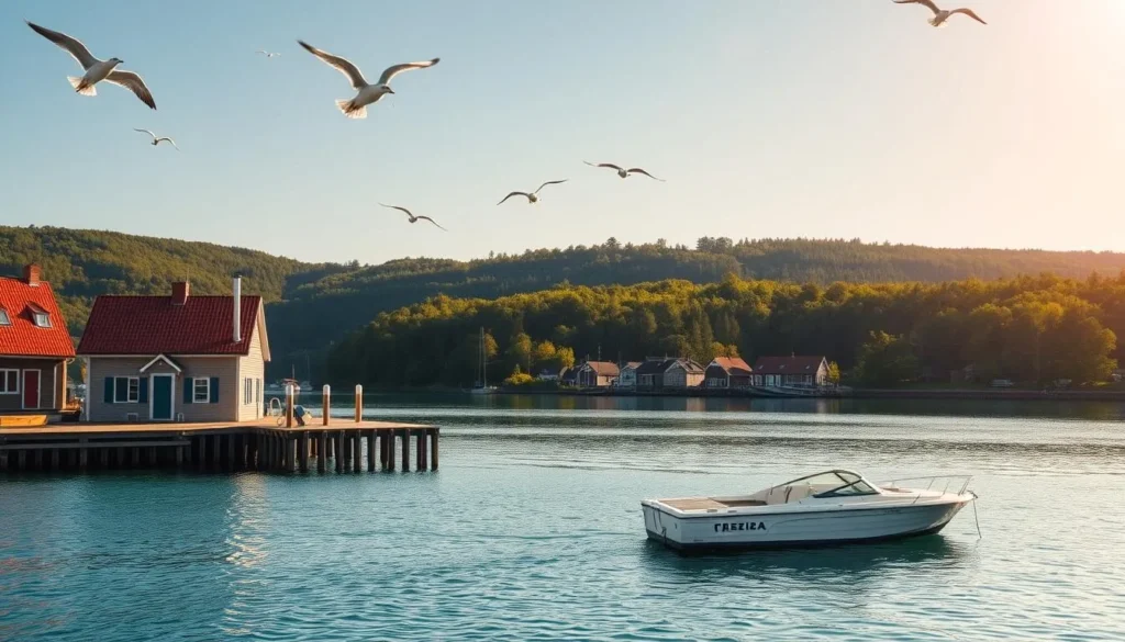 A peaceful, sun-dappled harbor on the idyllic Angso Island, Sweden. A small wooden pier juts out into the calm, turquoise waters, flanked by colorful cottages with red-tiled roofs. Seagulls soar overhead as a vintage motorboat bobs gently at the dock. In the background, lush, rolling hills covered in verdant forests frame the serene island landscape. The warm, golden light of an afternoon sun casts a soft, inviting glow over the entire scene, creating a picturesque and tranquil atmosphere perfect for a relaxing island getaway.