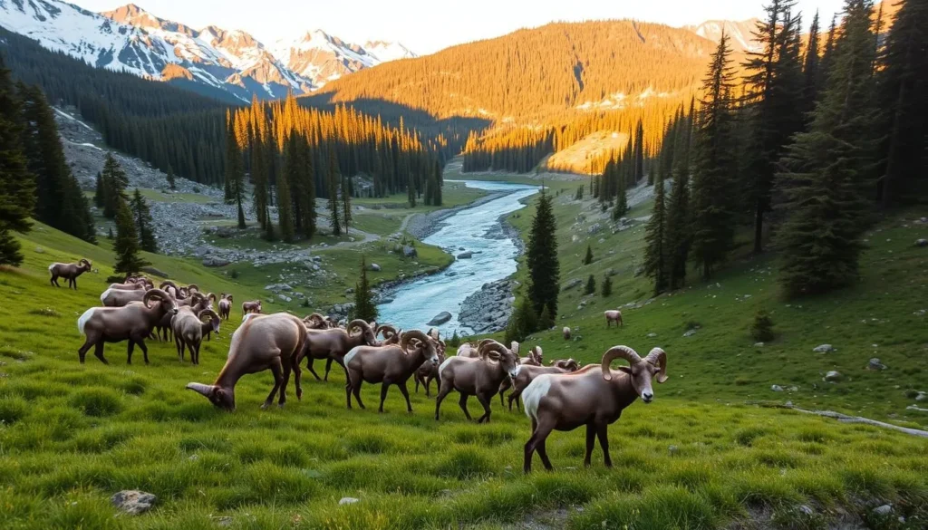 A peaceful wildlife viewing scene at Miette Hot Springs, Alberta. In the foreground, a herd of majestic bighorn sheep graze on the lush, verdant slopes. In the middle ground, a crystal-clear stream winds its way through the rugged, snow-capped mountains. In the background, towering evergreen forests provide a serene backdrop. The warm, golden light of the afternoon sun bathes the entire landscape, creating a picturesque and tranquil atmosphere. A wide-angle lens captures the grandeur of the natural setting, inviting the viewer to immerse themselves in the unspoiled wilderness. A peaceful wildlife viewing scene at Miette Hot Springs, Alberta. In the foreground, a herd of majestic bighorn sheep graze on the lush, verdant slopes. In the middle ground, a crystal-clear stream winds its way through the rugged, snow-capped mountains. In the background, towering evergreen forests provide a serene backdrop. The warm, golden light of the afternoon sun bathes the entire landscape, creating a picturesque and tranquil atmosphere. A wide-angle lens captures the grandeur of the natural setting, inviting the viewer to immerse themselves in the unspoiled wilderness.