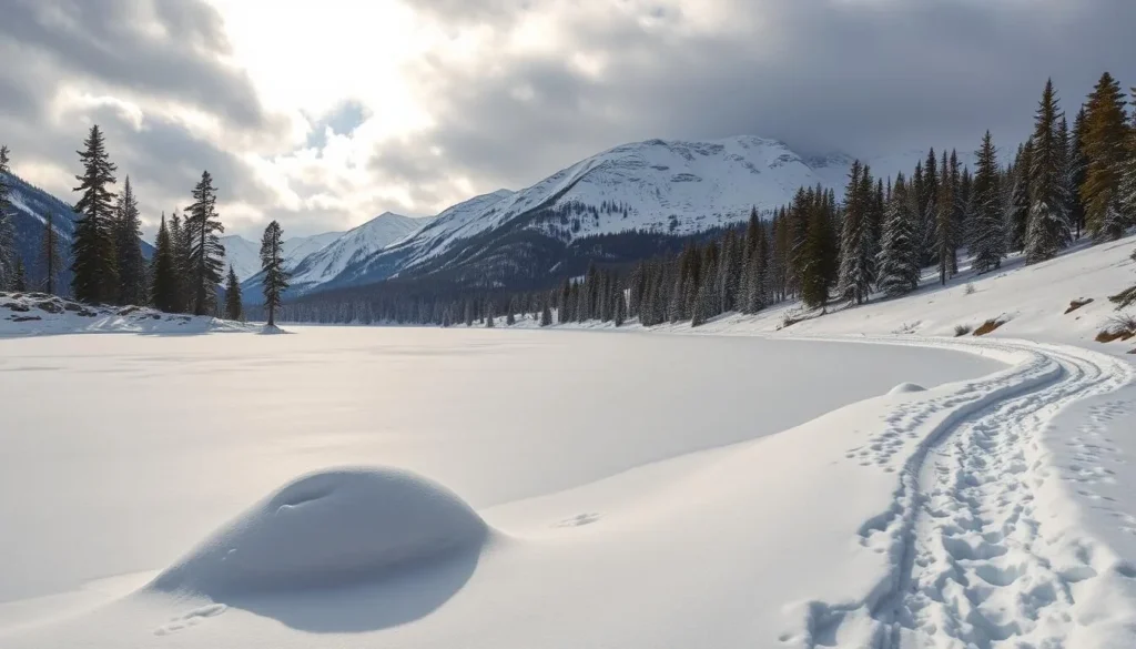 A peaceful winter landscape in Femundsmarka National Park, Norway. A pristine frozen lake surrounded by a majestic snowy mountain range, with tall pine trees lining the shores. Soft, diffused sunlight filters through the clouds, casting a warm glow over the serene scene. In the foreground, a few scattered snowdrifts add textural interest. The mid-ground features a winding snow-covered trail leading into the distance. The background showcases the dramatic, snow-capped peaks reaching up towards the cloudy sky. Capture the tranquil, picturesque atmosphere of this beautiful Nordic wilderness in winter.
