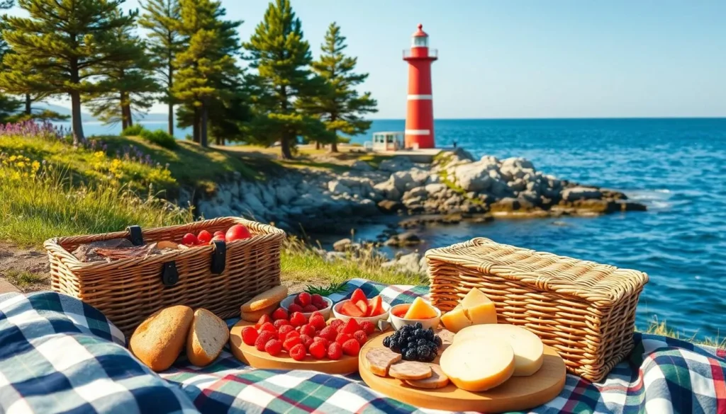 A picnic scene on the serene, sun-dappled shores of Vinga Island, Sweden. In the foreground, a cozy spread of delectable local delicacies - freshly baked bread, ripe summer berries, and a platter of cured meats and cheeses. Nearby, a woven picnic basket and a quaint tartan blanket invite visitors to recline and savor the moment. The middle ground features a tranquil cove, its azure waters gently lapping against the rocky shoreline, framed by verdant pine trees and wildflowers. In the distance, the iconic red-and-white Vinga Lighthouse stands tall, its beacon guiding visitors to this idyllic slice of Swedish paradise. The scene is bathed in warm, golden sunlight, conveying a sense of leisurely contentment and the joy of a day well spent on this charming island retreat.
