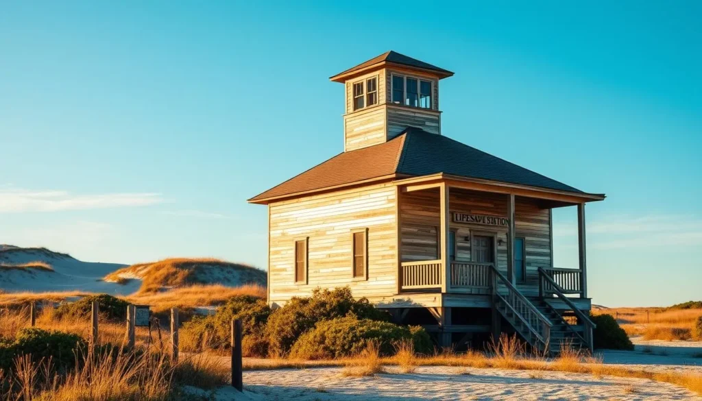 A picturesque 19th-century wooden structure with a distinctive tower and wraparound porch, the Pea Island Lifesaving Station stands as a testament to the courage and dedication of those who once manned it. Situated against a backdrop of rolling dunes and azure skies, the station's weathered exterior and surrounding lush vegetation create a serene and historic scene. Capture the warm, golden light of a tranquil day as it bathes the structure, highlighting its architectural details and the tranquil coastal environment that surrounds it. Employ a medium-to-wide angle lens to showcase the station's impressive scale and its harmonious integration with the natural landscape of Pea Island, North Carolina.