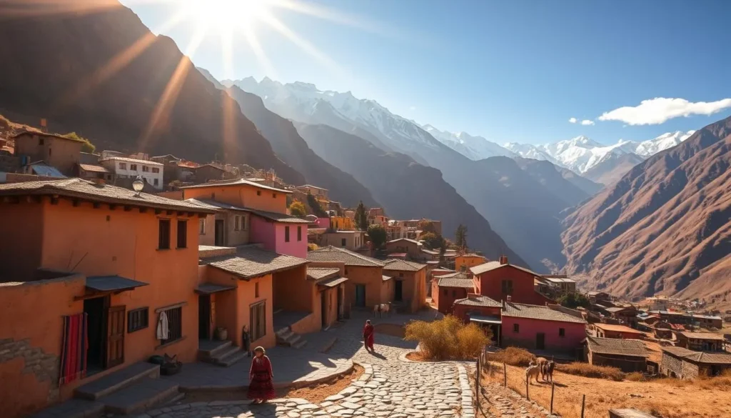 A picturesque Andean village nestled in the dramatic Colca Canyon, Peru. Vibrant adobe houses with thatched roofs and colorful textiles lining the cobblestone streets. Local people in traditional dress going about their daily lives, tending to their crops and livestock. In the distance, towering snow-capped peaks frame the scene. Warm, golden sunlight filters through the thin mountain air, casting a serene glow over the entire village. A sense of timeless, rustic charm and deep cultural heritage pervades the air. Capture the essence of this remarkable Peruvian landscape and its resilient inhabitants.