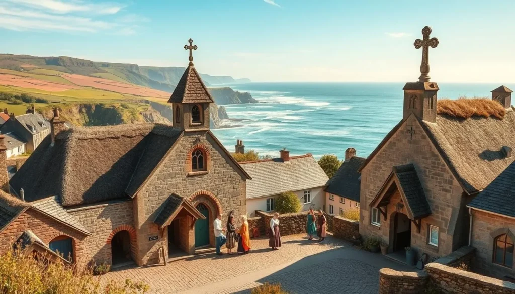 A picturesque Breton village nestled in the rolling hills of Brittany, France. The foreground features a quaint stone church with a distinctive Celtic cross atop its steeple, surrounded by thatched-roof cottages and cobblestone streets. In the middle ground, locals in traditional Breton clothing gather in the town square, engaged in lively conversation and traditional folk dances. The background showcases the rugged Breton coastline, with dramatic cliffs and the crashing waves of the Atlantic Ocean. Warm afternoon sunlight bathes the scene, casting a golden glow and highlighting the region's timeless Celtic heritage.