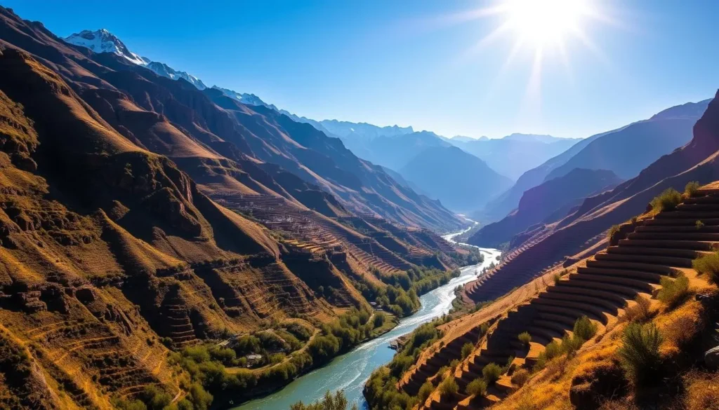 A picturesque Colca Canyon landscape on a clear day, with the sun casting warm, golden light across the dramatic, terraced canyon walls. In the foreground, a winding river flows peacefully, its waters reflecting the surrounding cliffs and lush, verdant vegetation. In the middle ground, traditional Andean terraces cascade down the slopes, creating a patchwork of earthy hues. The background is dominated by towering, snow-capped peaks, their jagged silhouettes silhouetted against a bright, azure sky. The scene evokes a sense of serene tranquility and the timeless beauty of this natural wonder.