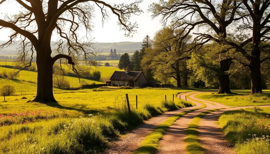 A picturesque English countryside landscape on a pleasant summer day. In the foreground, a winding gravel path meanders through lush, verdant meadows dotted with vibrant wildflowers. Tall, stately oak trees line the path, casting soft, dappled shadows. In the middle ground, a charming stone cottage with a thatched roof sits nestled amidst rolling green hills. In the distance, the silhouettes of ancient trees frame a view of the Hampshire countryside, with gently sloping hills and the occasional glimpse of a quaint village church spire. The scene is bathed in warm, golden sunlight, creating a serene and inviting atmosphere.