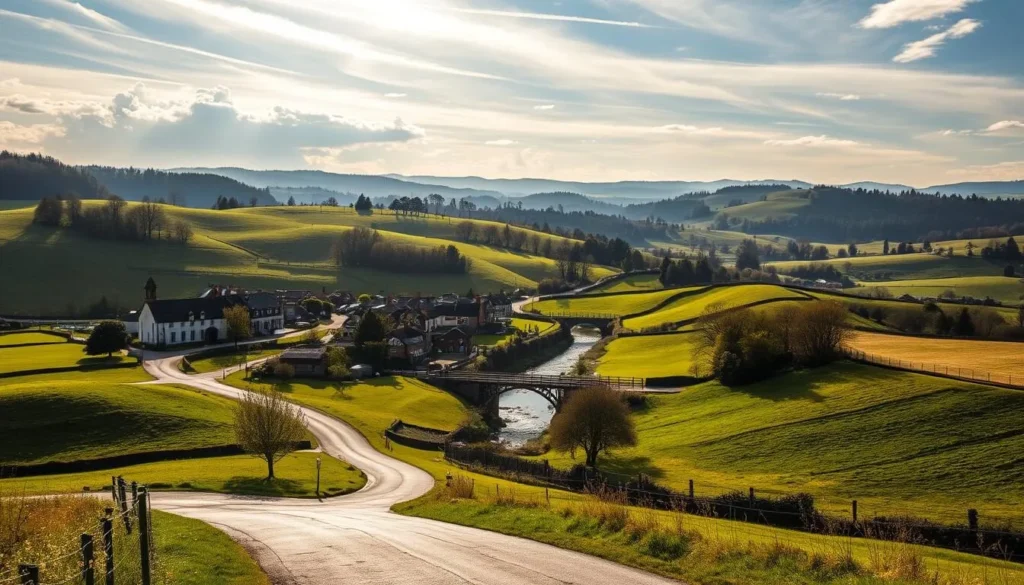 A picturesque English countryside landscape with rolling hills, lush green meadows, and charming villages nestled among them. In the foreground, a winding country road leads to a quaint town with colorful buildings and a historic church steeple. Dappled sunlight filters through wispy clouds, casting a warm, golden glow over the scene. In the middle ground, a small river or stream meanders through the pastoral setting, with a wooden bridge arching over it. In the distance, the silhouettes of rolling hills and forests create a serene, tranquil backdrop. The overall mood is one of peaceful, idyllic beauty, inviting the viewer to imagine a relaxing day trip from the nearby city of Croydon.