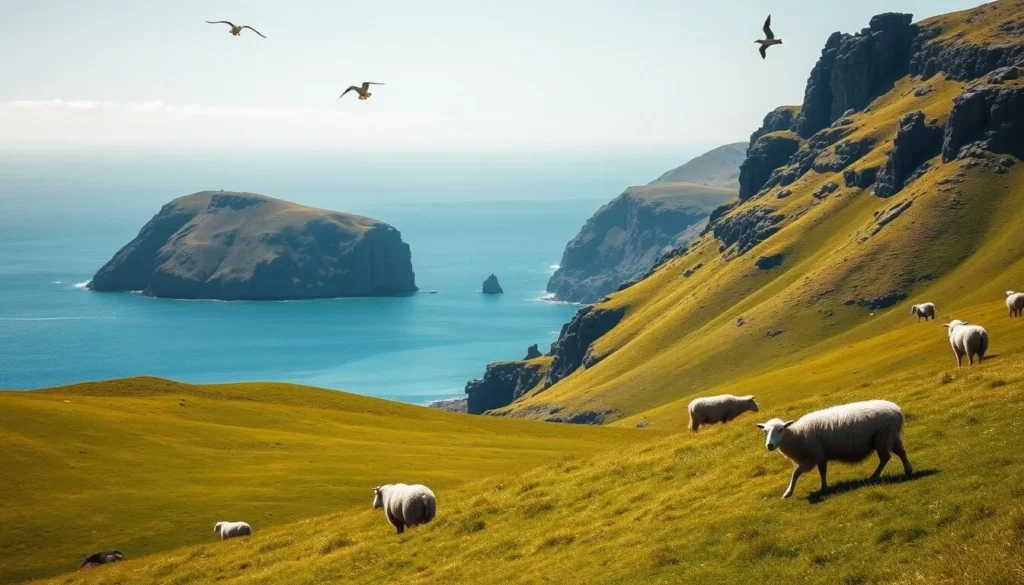 A picturesque Falkland Islands landscape on a bright, sun-dappled day. Rolling green hills dotted with grazing sheep, their fleece glistening in the warm light. In the distance, rugged cliffs plunge into the turquoise waters of the South Atlantic, their jagged edges carved by the relentless wind. Overhead, seabirds soar gracefully, their cries echoing across the vast, open sky. The scene exudes a sense of tranquility and timelessness, capturing the wild, untamed beauty of this remote and enchanting archipelago.