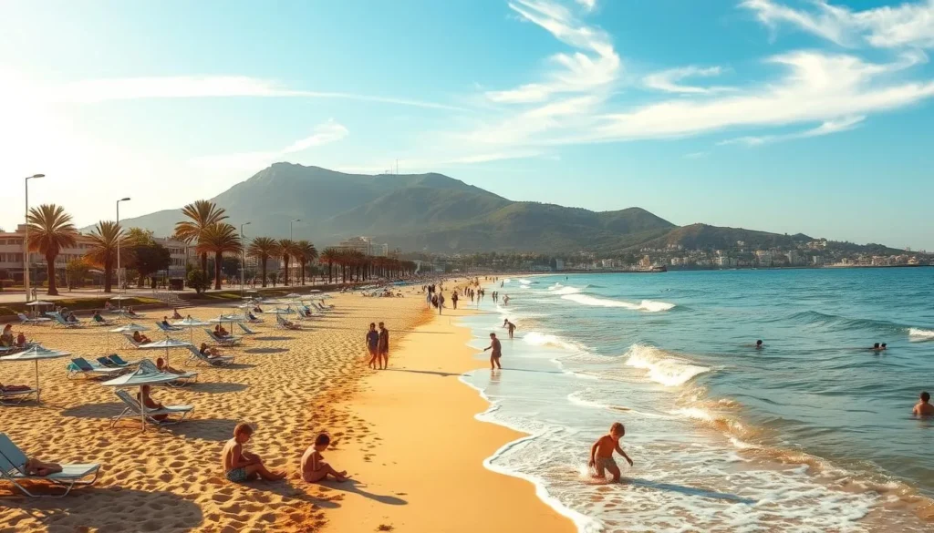 A picturesque Haifa beach on a sunny summer day. The golden sand stretches out, dotted with sun umbrellas and beachgoers relaxing on lounge chairs. In the foreground, children play in the gentle waves, their laughter echoing across the serene scene. The middle ground features a promenade lined with palm trees, people strolling and enjoying the seaside atmosphere. In the background, the iconic Mount Carmel rises, its lush greenery providing a stunning natural backdrop. Warm, golden sunlight filters through wispy clouds, casting a soft, glowing light over the entire vista. The image captures the quintessential summer vibe of Haifa's picturesque coastline.