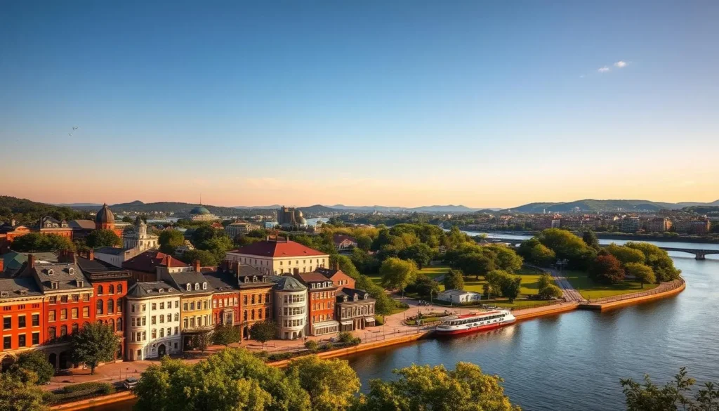 A picturesque Hudson cityscape on a sunny day, with the historic buildings lining the riverfront in the foreground, their charming architecture and vibrant colors reflecting in the tranquil waters. In the middle ground, the lush green trees and well-manicured parks provide a serene backdrop, while the distant hills and mountains rise up, creating a breathtaking panoramic view. The scene is bathed in warm, golden lighting, casting a soft, romantic glow over the entire city. Capture the essence of Hudson's timeless elegance and captivating natural beauty in this stunning, photorealistic landscape.
