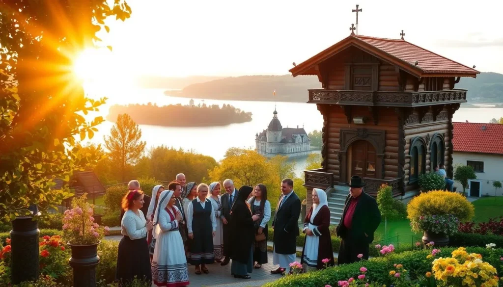 A picturesque Karaim synagogue stands tall in the historic town of Trakai, Lithuania. The ornate wooden structure, adorned with intricate carvings and vibrant colors, is surrounded by a lush garden filled with blooming flowers. In the foreground, a group of Karaim people in traditional attire gather, their faces illuminated by the warm, golden sunlight filtering through the trees. In the background, the serene waters of Lake Galve and the iconic Trakai Island Castle create a stunning backdrop, highlighting the unique cultural heritage of this enchanting location.