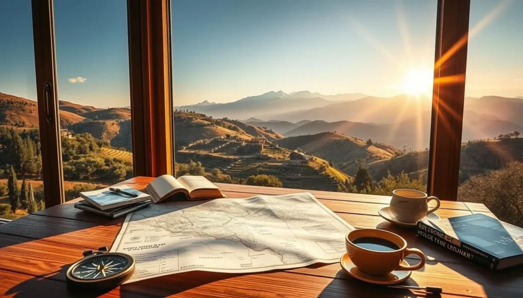 A picturesque Lebanese landscape unfolds, with rolling hills dotted with olive groves and ancient stone villages nestled in the valleys. In the foreground, a traveler's map and itinerary planner rest on a wooden table, surrounded by a compass, travel guides, and a cup of aromatic Lebanese coffee. Sunlight streams through large windows, casting a warm glow over the scene. In the background, the majestic peaks of the Lebanon Mountains rise, their snow-capped summits reflecting the golden hues of the setting sun. The atmosphere exudes a sense of tranquility and adventure, inviting the viewer to plan their perfect Lebanese journey.