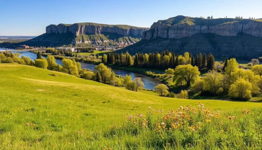A picturesque Lethbridge landscape on a bright, sunny day. In the foreground, rolling hills dotted with lush green meadows and vibrant wildflowers. In the middle ground, the iconic Oldman River winding through the city, its banks lined with towering cottonwood trees. In the background, the dramatic limestone cliffs of the Riverstone Park rise up, casting long shadows across the scene. The light is soft and diffused, creating a warm, inviting atmosphere. Capture this serene, natural beauty of Southern Alberta with a wide-angle lens to showcase the full grandeur of the setting.
