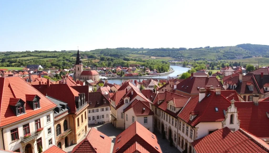 A picturesque Melnik cityscape on a bright, sunny day. In the foreground, charming historic buildings with red-tiled roofs and ornate facades line the cobblestone streets. The middle ground reveals the Vltava River winding through the town, its waters glistening in the warm light. In the background, the rolling hills and vineyards of the Bohemian countryside provide a lush, verdant backdrop. Capture the quaint, idyllic atmosphere of this Bohemian gem, where the architecture, river, and natural surroundings seamlessly blend to create a captivating, postcard-worthy scene.