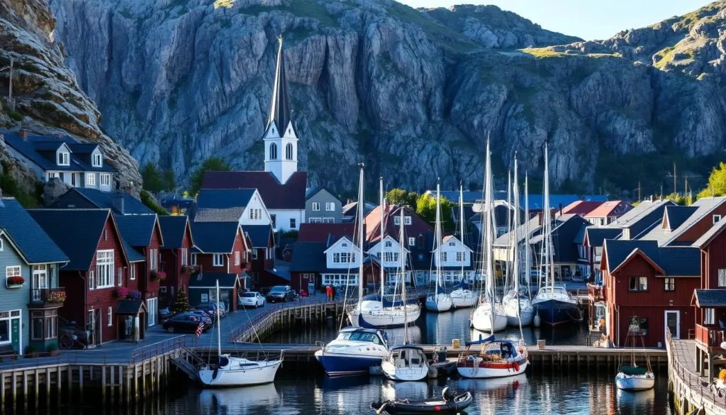 A picturesque Norwegian coastal town nestled between rocky cliffs and the tranquil Larvik Fjord. The quaint streets are lined with charming wooden houses, their facades adorned with colorful floral displays. In the bustling harbor, sailboats and fishing vessels sway gently on the calm waters, while the iconic Larvik Church's steeple stands tall, casting a serene reflection. The sun casts a warm glow over the scene, highlighting the rugged natural beauty of the surrounding landscape. Capture the essence of this hidden gem, showcasing the harmony between the town's historical character and the breathtaking Nordic scenery.