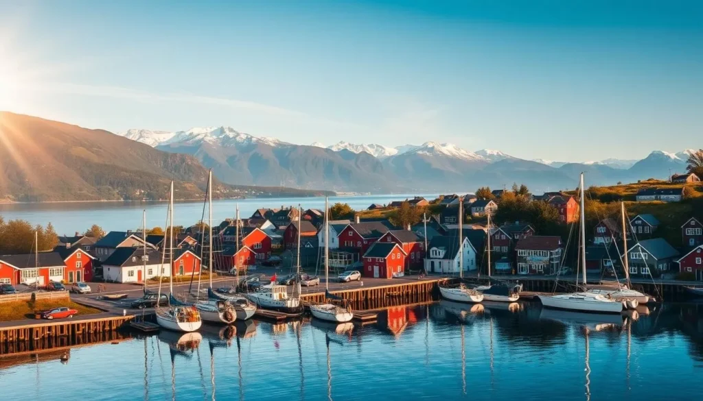 A picturesque Norwegian harbor town nestled between rolling hills and the azure waters of the Hafrsfjord. Vibrant red and white houses line the quaint cobblestone streets, their reflections dancing on the calm fjord. Sailboats sway gently at the docks as a warm sun casts a golden glow over the scene. In the distance, snow-capped mountains rise majestically, creating a breathtaking backdrop. The atmosphere is one of tranquility and timeless charm, inviting exploration of Sandnes' unique character and natural beauty.