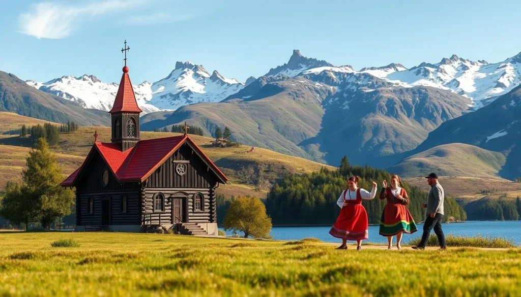 A picturesque Norwegian landscape, with a quaint wooden stave church nestled among rolling hills and a serene lake in the foreground. The church's intricate carvings and vibrant red-painted roof stand in contrast to the lush, verdant foliage surrounding it. In the middle ground, traditional Norwegian folk dancers in colorful costumes perform their ancient routines, their movements graceful and rhythmic. The background is dominated by snow-capped peaks, their jagged silhouettes casting long shadows across the scene. The lighting is soft and diffused, creating a warm, inviting atmosphere that captures the essence of Norwegian cultural heritage.