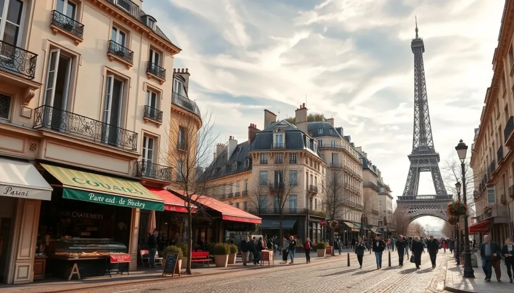 A picturesque Parisian street on a pleasant spring day, with a gentle breeze and soft, diffused sunlight filtering through wispy clouds. In the foreground, charming cafes and bakeries line the cobblestone sidewalks, their colorful awnings and window displays inviting passersby. In the middle ground, people stroll leisurely, pausing to admire the ornate architecture and Hausmannian buildings that define the city's iconic skyline. In the background, the silhouette of the Eiffel Tower stands tall, its wrought-iron lattice glimmering under the warm, golden hue of the afternoon sun. The scene exudes a sense of tranquility and joie de vivre, perfectly capturing the allure of Paris in its most weather-savvy months.