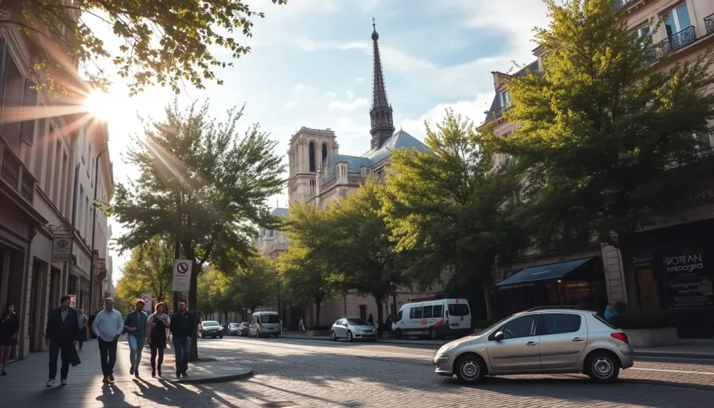 A picturesque Parisian street scene on a pleasant spring day. In the foreground, pedestrians stroll along the cobblestones, gazing up at the charming Haussmannian architecture. Lush trees line the sidewalks, their fresh green leaves swaying gently in a light breeze. Soft, diffused sunlight filters through wispy clouds, casting a warm, inviting glow over the scene. In the middle ground, a classic Citroën sedan is parked, its sleek curves complementing the timeless aesthetic. The background is dominated by the iconic spires and domes of Notre-Dame Cathedral, standing tall against the azure sky. An atmosphere of Parisian joie de vivre and tranquility pervades the image, capturing the ideal weather and ambiance for a leisurely exploration of the city.