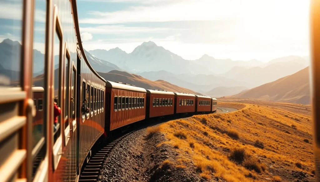 A picturesque Peruvian railway journey through the Andes mountains. Capture the Ferrocarril Central Andino train snaking along the rugged terrain, its carriages gleaming under the bright, golden sunshine. Showcase the dramatic, snow-capped peaks that tower in the distance, creating a serene and awe-inspiring backdrop. Emphasize the winding tracks that lead the viewer deeper into the heart of the Andes, conveying a sense of adventure and exploration. Depict the train's passengers gazing out the windows, marveling at the breathtaking vistas unfolding before them. Craft a scene that evokes the thrill and wonder of this iconic Peruvian mode of transportation, one that connects Huancayo to the rest of the country.