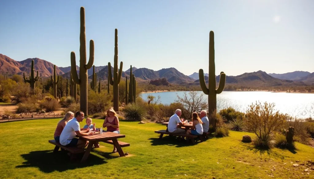 A picturesque Saguaro Lake picnic area under a bright, cloudless sky. In the foreground, a group of friends and families enjoying a relaxed outdoor lunch, their laughter and chatter filling the air. Lush green grass and a well-maintained picnic table set the scene. In the middle ground, towering saguaro cacti and other desert flora frame the idyllic vista. In the background, the sparkling waters of Saguaro Lake glisten, surrounded by rugged, rust-colored hills. Warm, golden sunlight bathes the entire scene, creating a serene and inviting atmosphere, perfect for a peaceful day of picnicking and outdoor recreation.