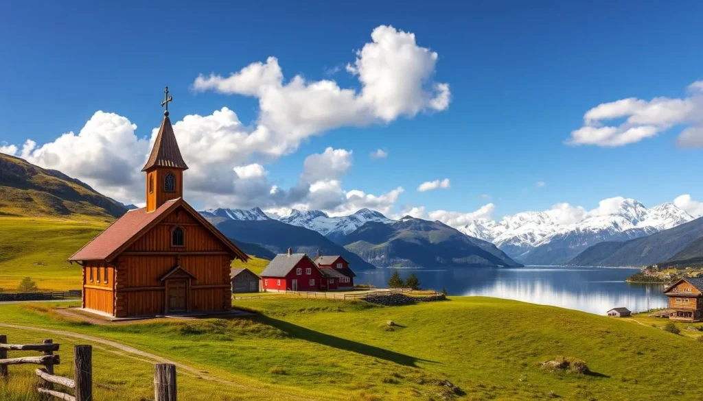 A picturesque Scandinavian landscape dotted with vibrant cultural heritage sites. In the foreground, a historic wooden stave church stands tall, its intricate architecture and warm hues commanding attention. Behind it, a traditional red timber farmhouse nestles amidst lush rolling hills, their verdant slopes mirrored in the calm waters of a nearby fjord. In the distance, majestic snow-capped mountains rise, their peaks cutting a dramatic silhouette against the clear blue sky. Warm sunlight filters through fluffy clouds, casting a gentle glow over the entire scene. The atmosphere is one of tranquility and timeless charm, inviting the viewer to explore this enchanting corner of Norway.