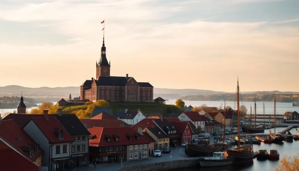 A picturesque Swedish countryside landscape with the historic Kalmar Castle as the centerpiece, standing tall and majestic against a backdrop of rolling hills and a cloudless sky. In the foreground, a quaint town with charming red-roofed houses and cobblestone streets, inviting visitors to explore its local shops and cafes. The middle ground features a scenic harbor, with traditional wooden boats gently swaying in the calm waters. Warm golden sunlight bathes the entire scene, creating a sense of tranquility and timeless beauty. This image perfectly captures the essence of Kalmar County's natural and architectural wonders.