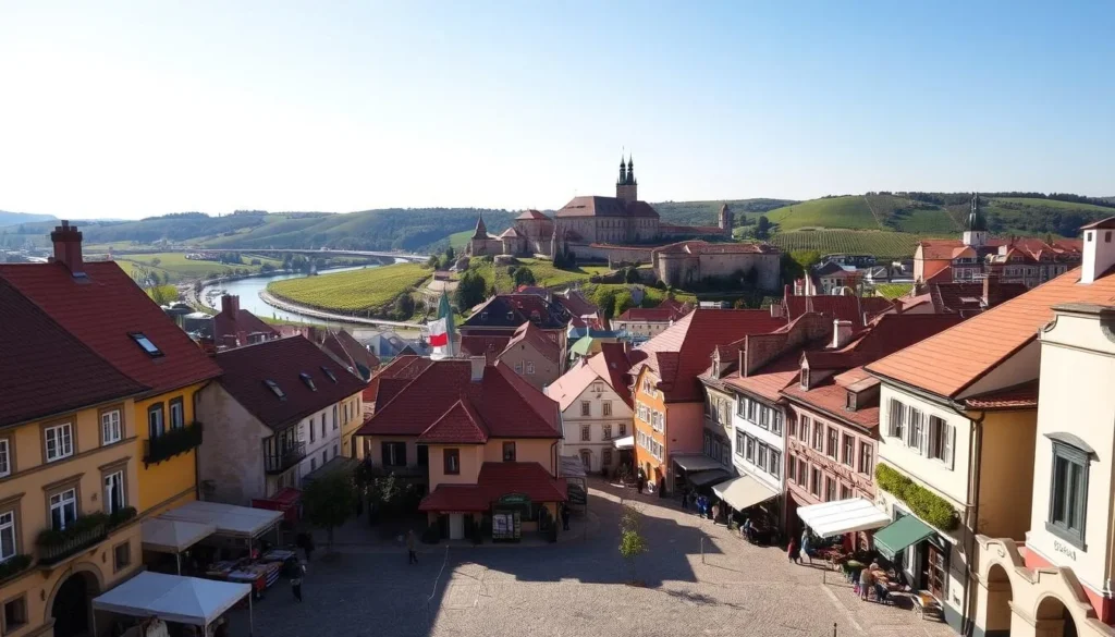 A picturesque Znojmo cityscape on a bright, sunny day. In the foreground, historic buildings with red-tiled roofs and colorful facades line the cobblestone streets. Vendors' stalls and cafes spill out onto the sidewalks, creating a lively, bustling atmosphere. In the middle ground, the imposing Znojmo Castle and its fortified walls stand tall, overlooking the city. Beyond, the Dyje River winds through the lush, rolling hills, their green slopes dotted with vineyards. The scene is bathed in warm, golden light, capturing the charming, timeless character of this picturesque Moravian town.