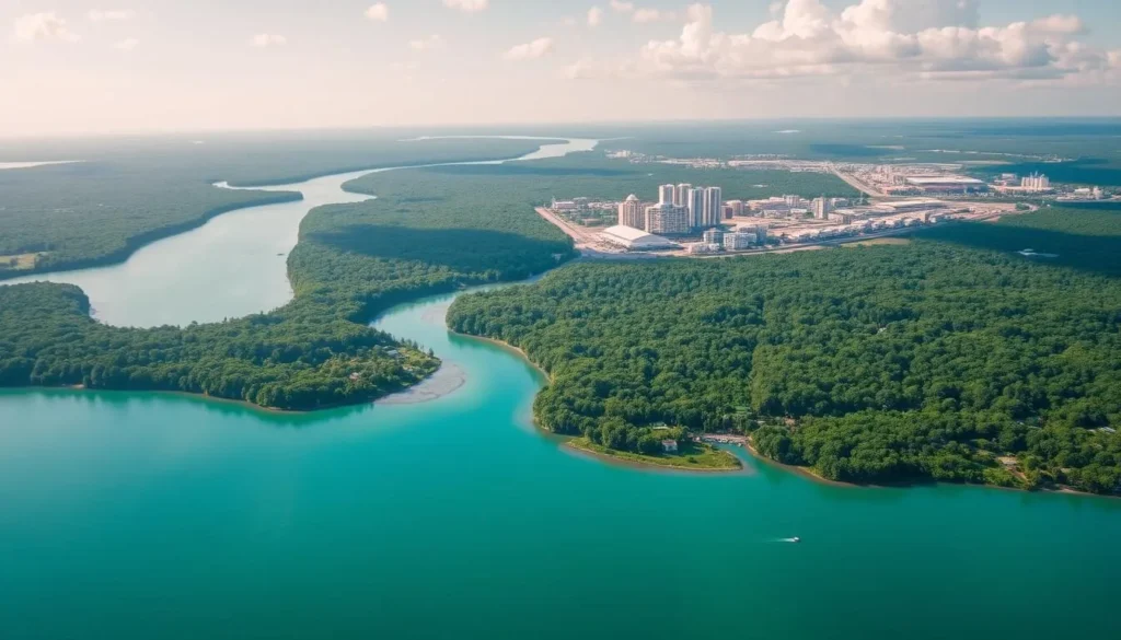 A picturesque aerial view of Kourou, French Guiana, on a sunny day. The lush, verdant landscape stretches out below, dotted with vibrant blue-green waters and punctuated by the iconic Kourou River. In the distance, the sleek, modern buildings of the town contrast with the surrounding tropical foliage. Soft, diffused lighting creates a warm, inviting atmosphere, highlighting the region's natural beauty and highlighting the ideal time to visit - when the weather is pleasant, the skies are clear, and the environment is at its most serene and inviting.