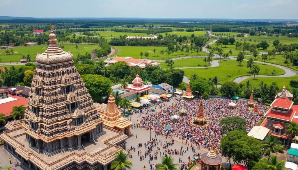 A picturesque aerial view of the cultural capital of Kerala, Thrissur, on a bright sunny day. In the foreground, the grand and ornate Vadakkunnathan Temple stands majestically, its intricate carvings and towering gopurams reflecting the rich heritage of the region. The middle ground showcases the bustling Thrissur Pooram festival, with colorful parasols, caparisoned elephants, and energetic crowds celebrating the vibrant cultural traditions. In the background, the lush green landscape is dotted with palm trees and serpentine canals, creating a serene and tranquil atmosphere that embodies the essence of Kerala.