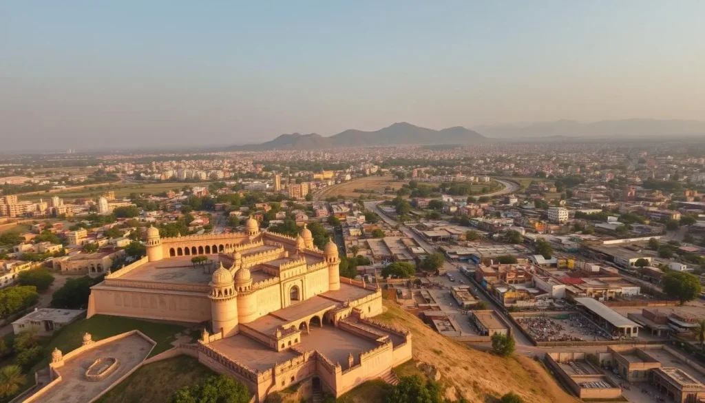 A picturesque aerial view of the historic city of Panipat, Haryana. The city's iconic landmarks, such as the Panipat Fort and the Shahi Qila, stand prominently in the foreground, their intricate architecture basking in the warm, golden light of a clear day. In the middle ground, winding streets and bustling markets reveal the vibrant, cultural essence of the city. The background is dominated by rolling hills and lush greenery, creating a serene and inviting atmosphere. The scene conveys a harmonious blend of Panipat's rich history and its modern, thriving urban landscape.