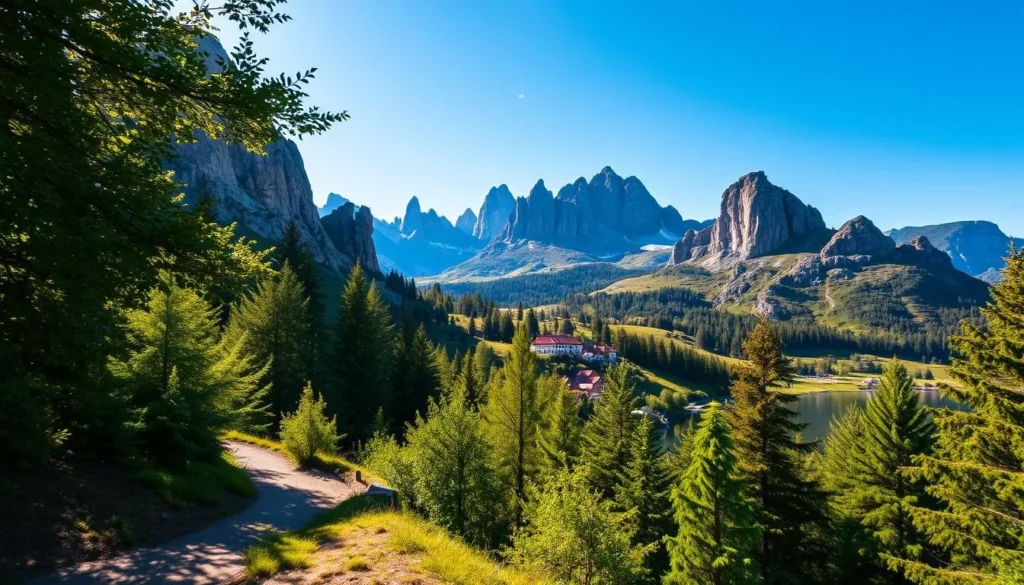 A picturesque alpine landscape in Bohemian Switzerland, where rugged rock formations rise majestically against a clear blue sky. In the foreground, a winding path leads through a lush, verdant forest, inviting exploration. Dappled sunlight filters through the canopy, casting a warm, golden glow over the scene. In the middle ground, a quaint village nestles between rolling hills, its charming architecture and red-tiled roofs reflecting in a tranquil lake. The background features towering, snow-capped peaks, their jagged silhouettes cutting a dramatic profile against the horizon. The overall atmosphere is one of serene, unspoiled beauty, capturing the essence of a picturesque day trip from Ceska Lipa.