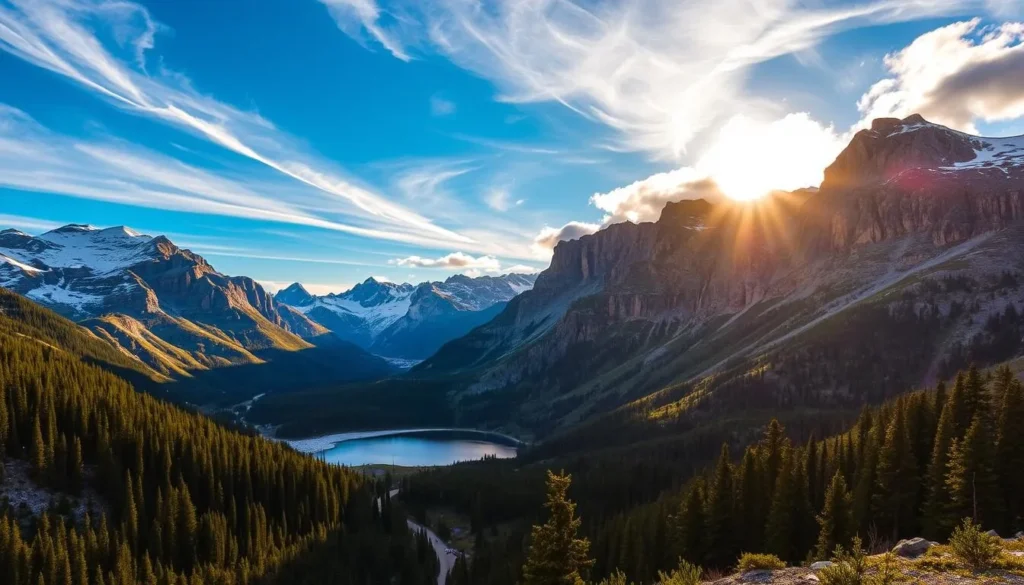 A picturesque alpine landscape in the Rocky Mountains near Vail, Colorado. In the foreground, rugged granite peaks with snow-capped summits reaching towards the azure sky. Lush evergreen forests cover the rolling foothills, their deep greens contrasting with the grey rock formations. In the middle ground, a tranquil glacial lake reflects the towering cliffs and distant ridges. Warm golden sunlight filters through wispy clouds, casting a soft glow over the breathtaking terrain. The scene exudes a sense of majestic, untamed natural beauty, capturing the essence of Vail's awe-inspiring mountain landscape.