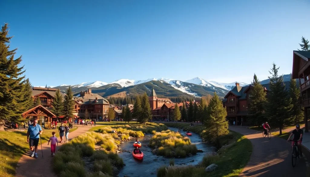A picturesque alpine scene of Beaver Creek, Colorado, bathed in warm sunlight. In the foreground, people enjoy various outdoor activities - hiking along scenic trails, kayaking on a tranquil creek, and mountain biking down a lush, tree-lined path. The middle ground features the iconic Beaver Creek village, with its charming European-style architecture and bustling shops. In the background, majestic snow-capped peaks rise up, creating a breathtaking backdrop. The mood is one of peaceful relaxation and adventure, captured through a crisp, high-resolution photograph with a wide-angle lens that showcases the natural beauty and recreational opportunities of this picturesque Colorado destination.