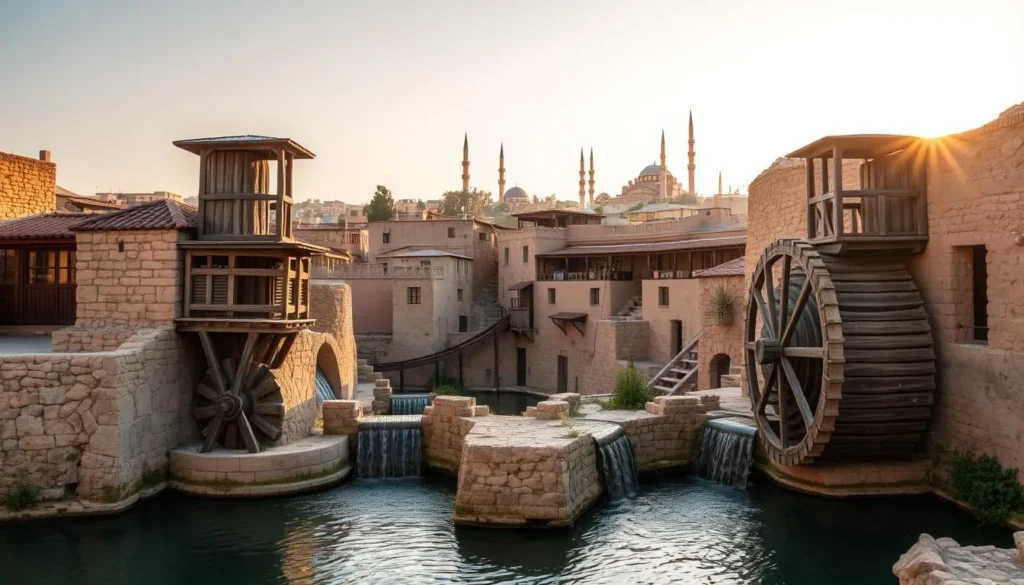 A picturesque ancient city nestled along the banks of the Orontes River, Hamah stands as a testament to its rich history. In the foreground, towering stone-carved waterwheels, known as Norias, gracefully turn, their wooden structures reflecting in the tranquil waters. In the middle ground, narrow alleyways wind through a labyrinth of mud-brick buildings, their facades adorned with intricate architectural details. In the background, the skyline is dominated by the imposing silhouettes of mosques and minarets, bathed in the warm glow of the sun. Capture the essence of this captivating ancient city, with its timeless charm and harmonious blend of natural and man-made elements.