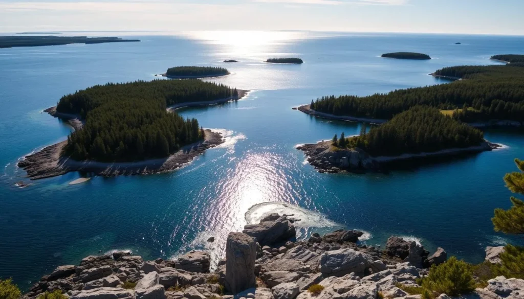 A picturesque archipelago in Östergötland County, Sweden, where azure waters lap against rocky shores dotted with verdant pine-capped islands. Capture the serene beauty of this natural wonder, with sunlight glistening on the calm seas and a gentle breeze rustling the lush foliage. Showcase the rugged coastline in the foreground, with a mix of rocky outcroppings and sandy beaches. In the middle ground, depict the scattered islands, each with their own unique character, ranging from small, densely forested havens to larger, more open landmasses. In the background, paint a breathtaking vista of the horizon, where the sky and sea seamlessly blend together, creating a sense of tranquility and wonder. Employ a soft, natural lighting that casts a warm, golden glow over the entire scene, evoking a feeling of peace and harmony with the natural world.