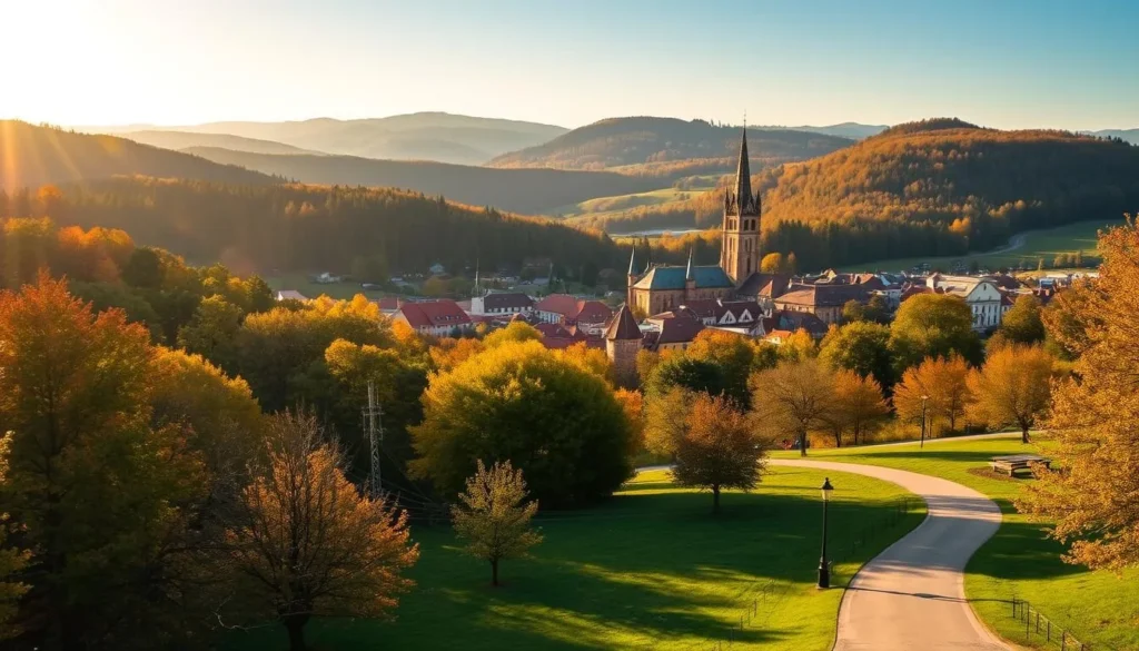 A picturesque autumn landscape in Jihlava, Czechia, with rolling hills, lush forests, and a charming historic town nestled in the valley. The sun casts a warm, golden glow over the scene, illuminating the vibrant foliage and creating long shadows across the ground. In the foreground, a winding path leads through a tranquil park, inviting visitors to explore the city's natural beauty. The middle ground features the iconic spires and red-tiled roofs of Jihlava's well-preserved Old Town, while the background is dominated by the rolling hills and forests that surround the city, creating a picturesque backdrop. The overall atmosphere conveys a sense of serenity and charm, perfectly capturing the best season to visit Jihlava.